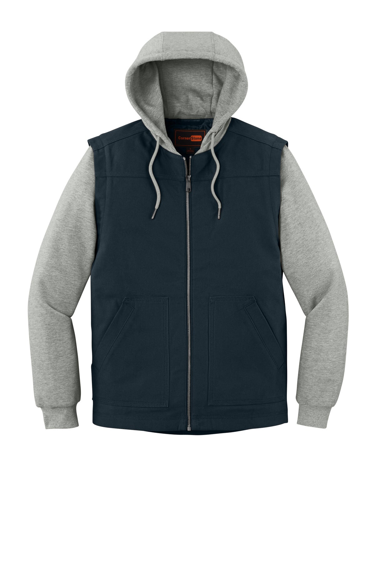 Front View of Navy/HtGy CornerStone Duck Fleece Full-Zip Hooded Jacket CSJ42