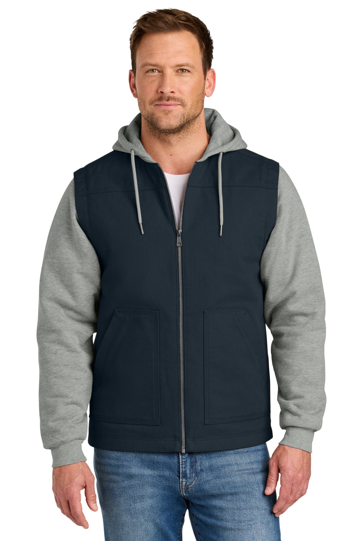 Front View of Navy/HtGy CornerStone Duck Fleece Full-Zip Hooded Jacket CSJ42